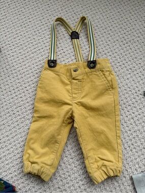 Janie & Jack Mustard Yellow Corduroy Pants with Striped Suspenders & Green Shirt
